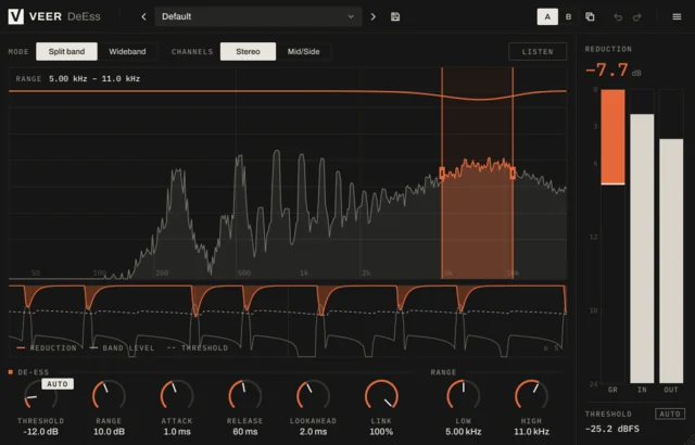 Veer DeEss in split-band mode: the harsh 5–11 kHz range is highlighted on the live spectrum, with the reduction meter on the right.